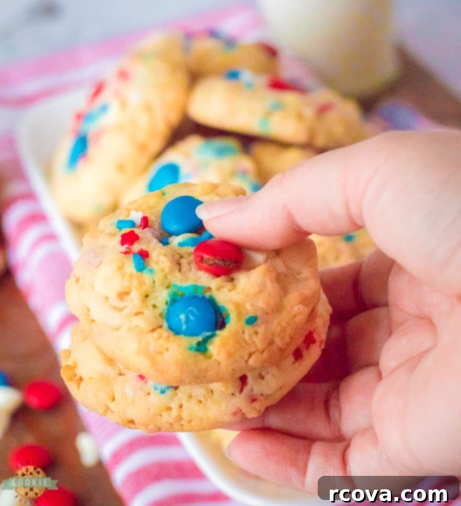 Crispy MM Independence Day Cookies 5 Ingredients for Krispy M&M 4th of July cookies laid out