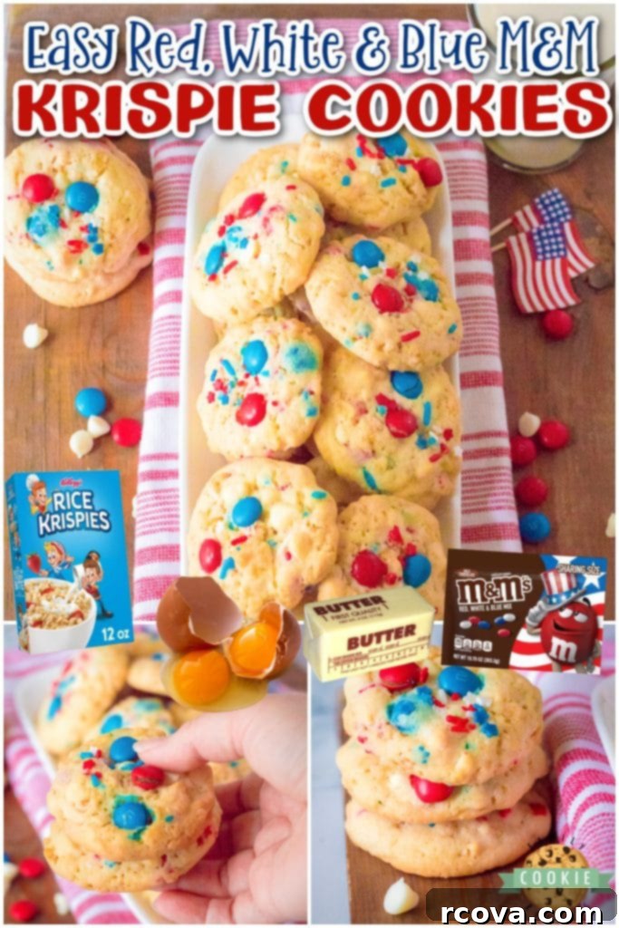 Crispy MM Independence Day Cookies 9 Krispy M&M 4th of July Cookies are soft & chewy, made with M&M's, white chocolate & Rice Krispies! These patriotic cookies are a festive red, white & blue treat for the holiday dessert table.