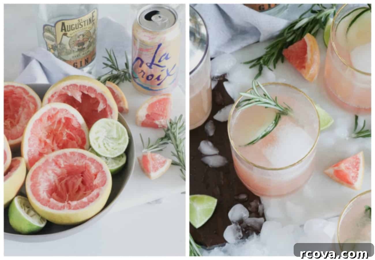 Herbal Grapefruit Gin Sparkler 3 Overhead shot of all the ingredients needed to make grapefruit gin fizzes on a white marble surface.