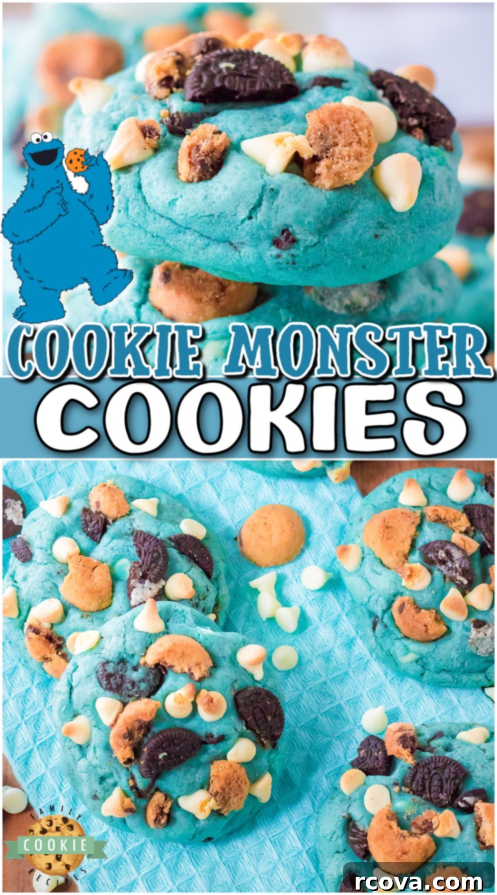 Cookie Monster Approved Cookies 16 Cookie Monster Cookies are a fun, cute and OH SO delicious treat. Jumbo cookies made BLUE & studded with white chocolate chips, mini Oreos and mini chocolate chip cookies!