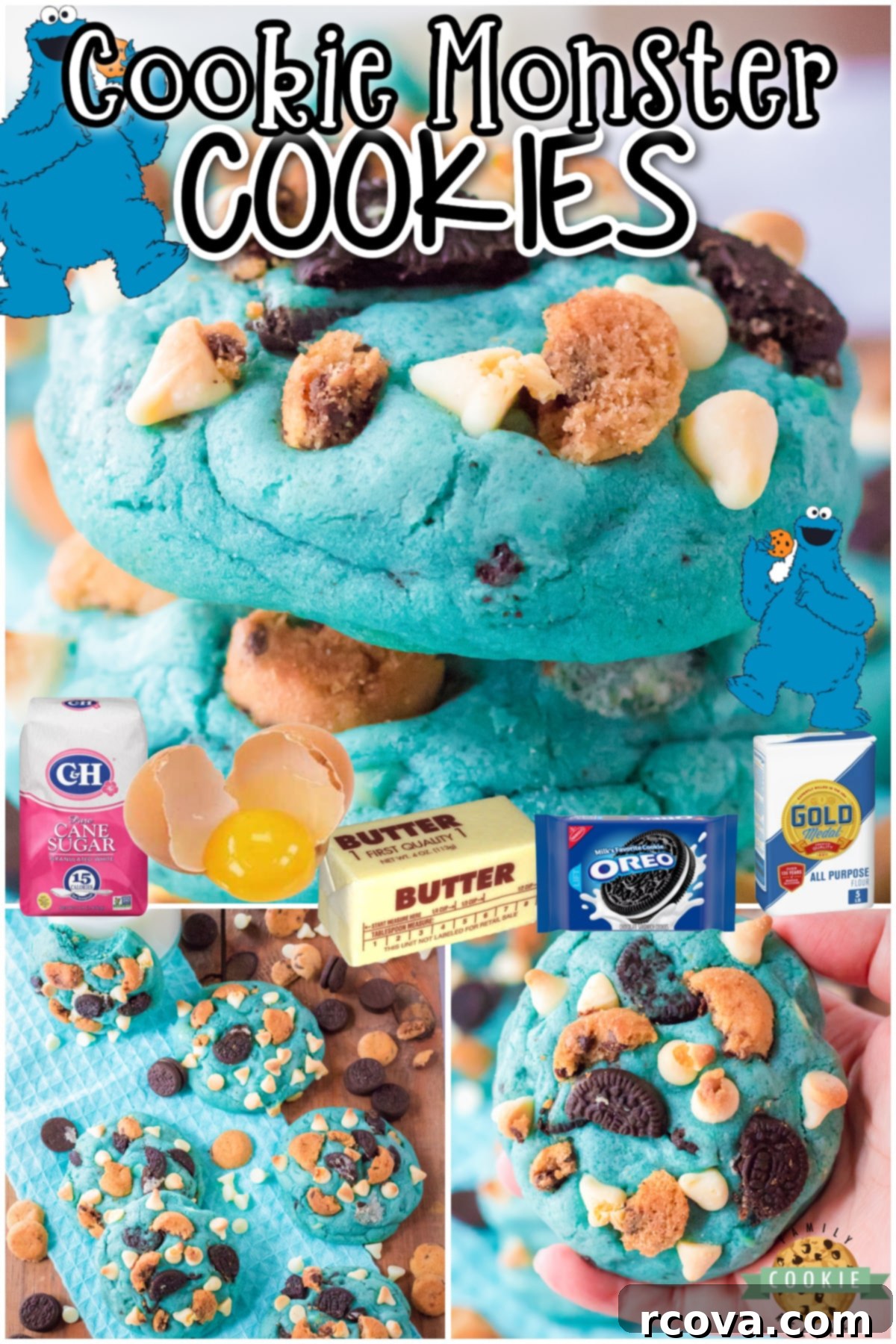 Cookie Monster Approved Cookies 8 Cookie Monster Cookies are a fun, cute and OH SO delicious treat. Jumbo cookies made BLUE & studded with white chocolate chips, mini Oreos and mini chocolate chip cookies!