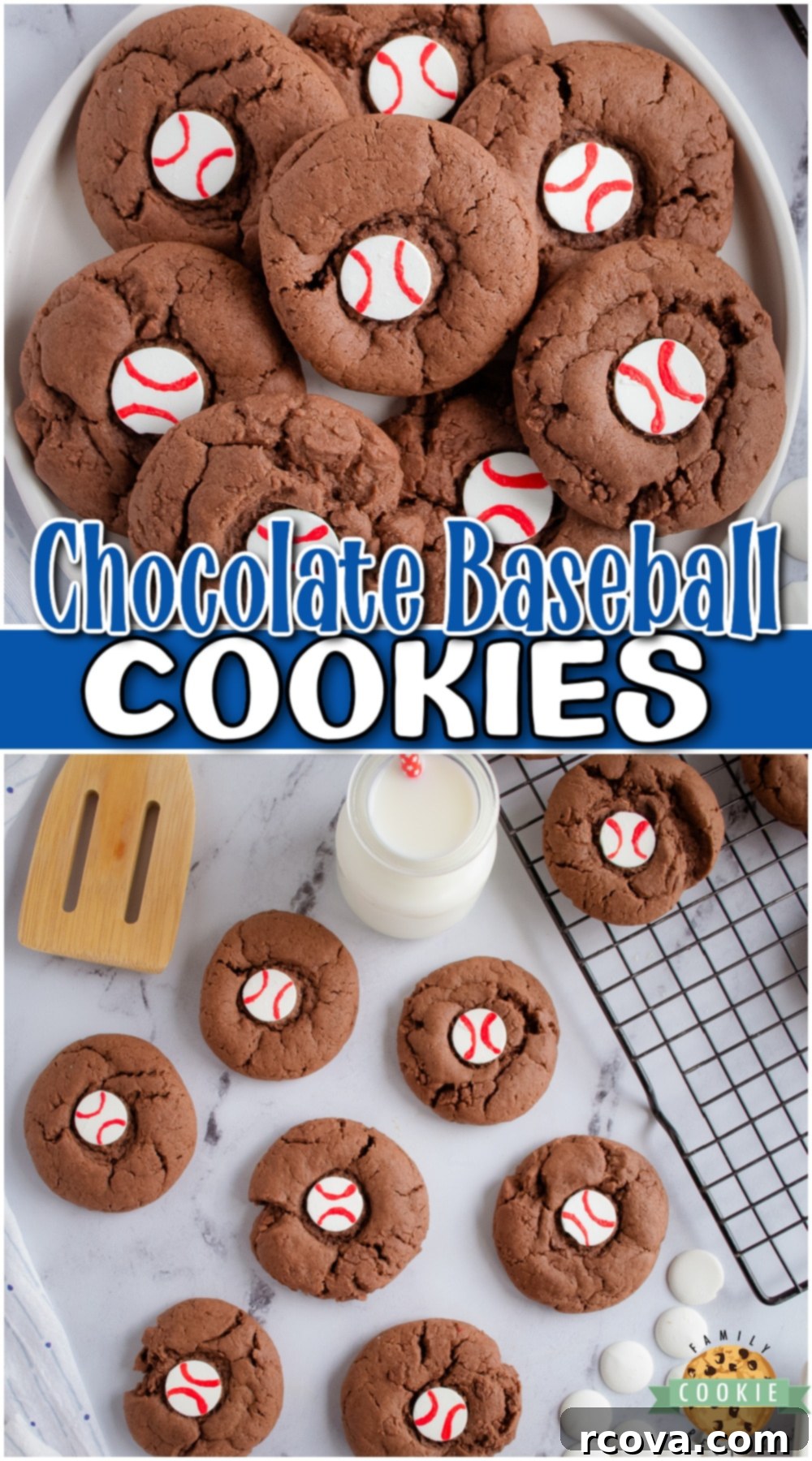 Home Run Chocolate Baseball Cookies 12 Chocolate Baseball Cookies are a fun & festive treat that's a big hit with any crowd. These baseball themed cookies are chocolate cookies with a candy center decorated to look like a baseball!