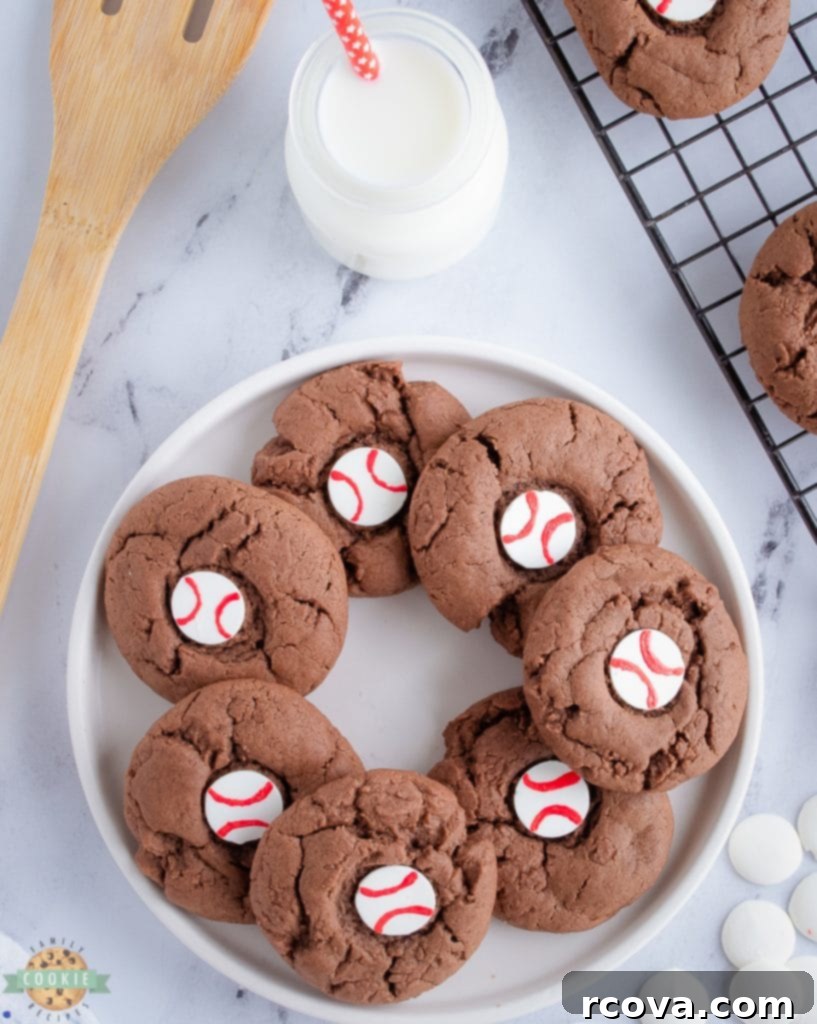 Home Run Chocolate Baseball Cookies 7 chocolate cookies with baseballs in the middle