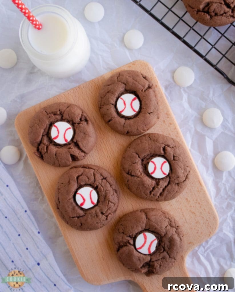 Home Run Chocolate Baseball Cookies 9 baseball cookies on a tray