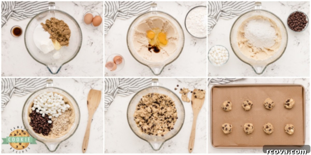 Toasted Marshmallow Oat Delights 4 Illustrated step-by-step process for baking Oatmeal S'mores Cookies, from mixing ingredients to scooping dough.