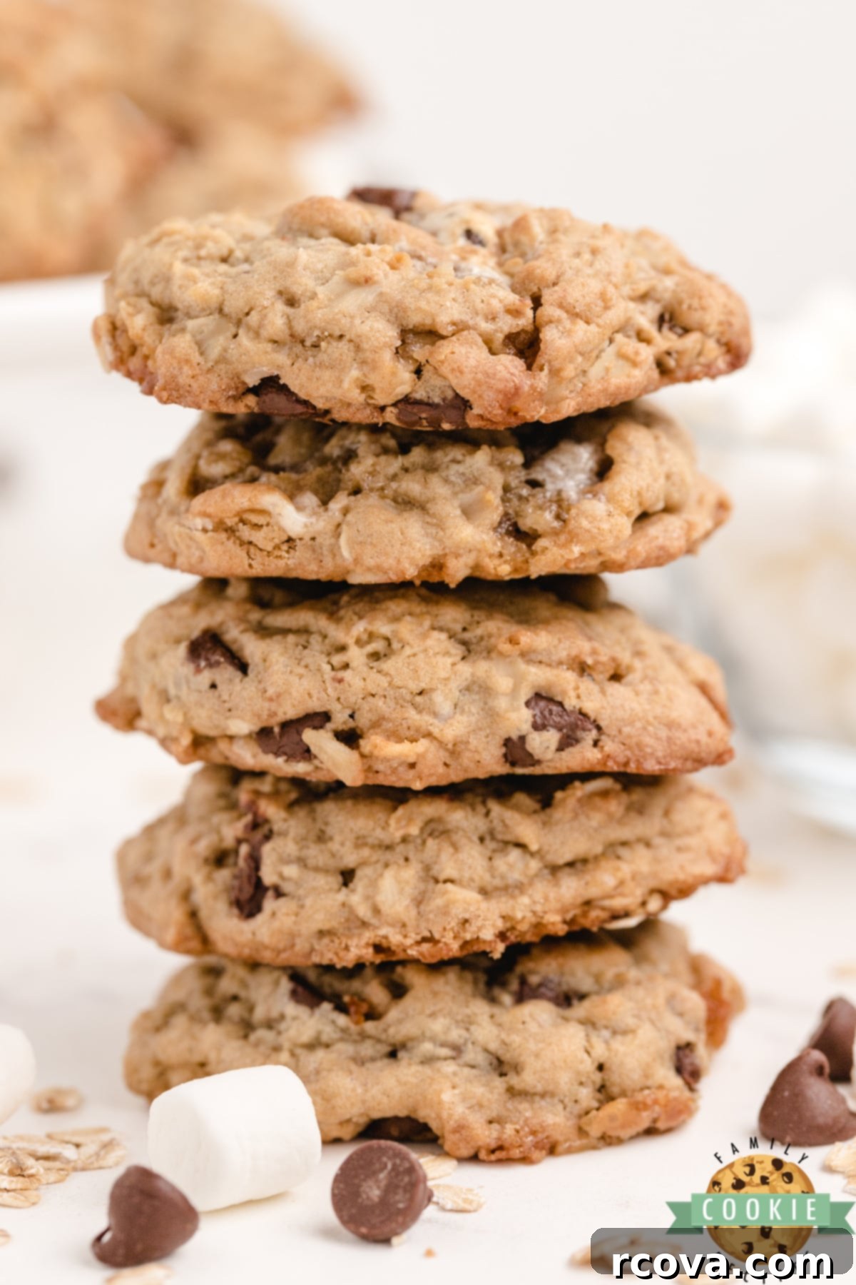 Toasted Marshmallow Oat Delights 8 Freshly baked S'mores Oatmeal Cookies stacked, highlighting their soft texture and rich fillings.