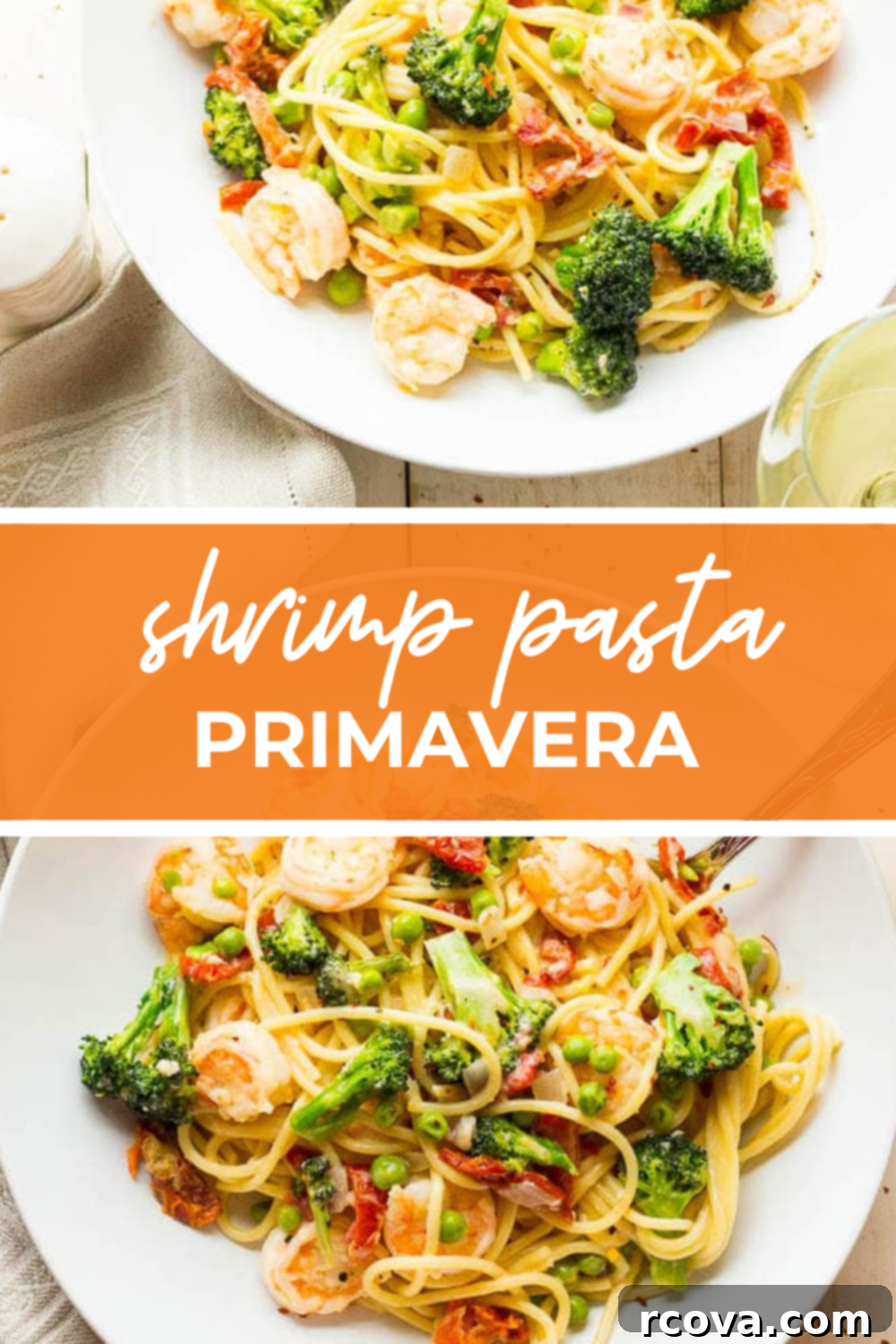 Vibrant Shrimp Primavera Pasta 9 overhead shot of plated dish with orange banner in the middle reading "shrimp pasta primavera"
