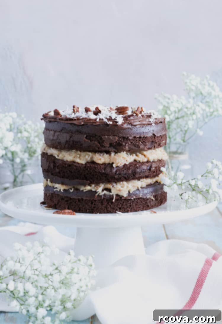 Naked German Chocolate Cake Made Easy 2 Naked German Chocolate Cake with visible layers of chocolate cake and homemade coconut pecan filling, topped with a dollop of chocolate frosting
