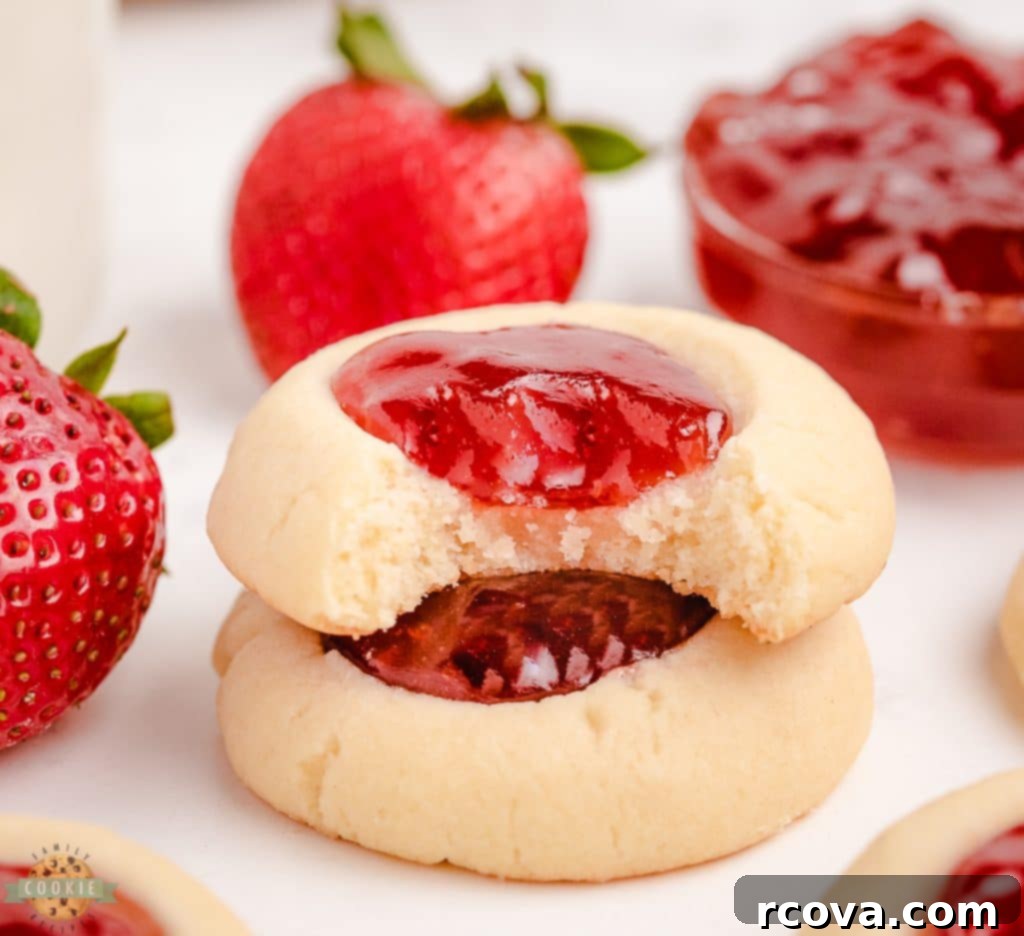 Strawberry Thumbprint Cookies: A Sweet and Simple Classic 4 Strawberry jam cookies with a bite taken out, revealing the soft interior and fruity jam
