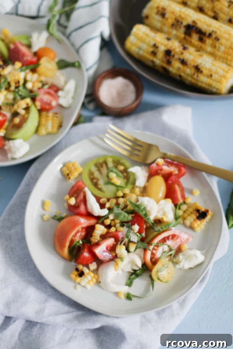 Fire Kissed Corn and Tomato Caprese 5 Caprese salad with grilled corn, fresh tomatoes, mozzarella, and basil