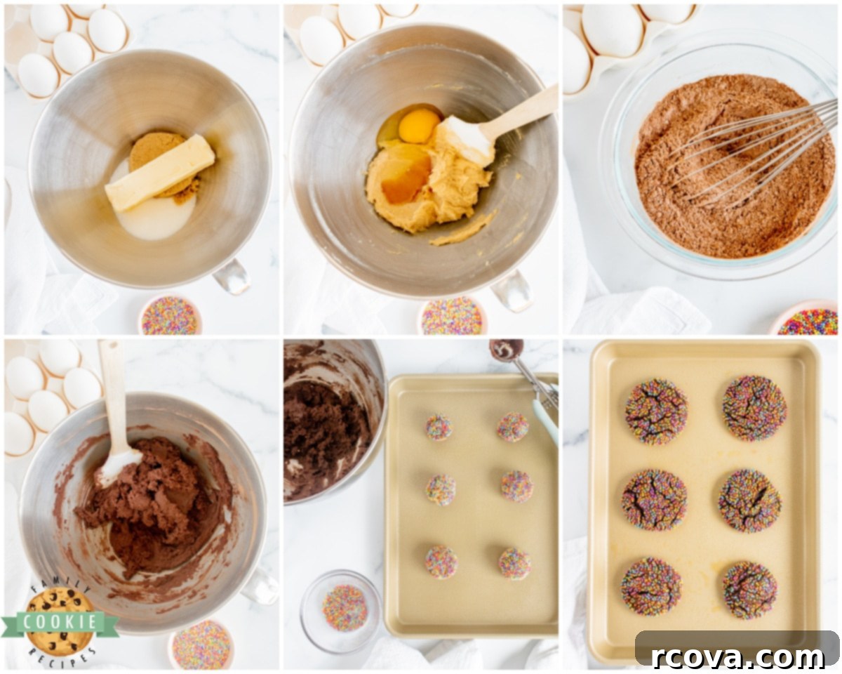 Confetti Chocolate Cookies 5 Ingredients for making chocolate sprinkle cookies laid out on a table.