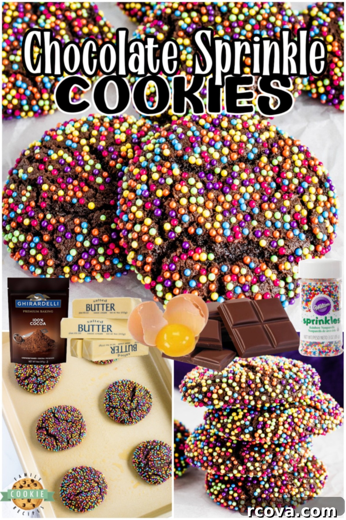 Confetti Chocolate Cookies 7 A collage featuring various stages of making chocolate sprinkle cookies, from dough to baked.