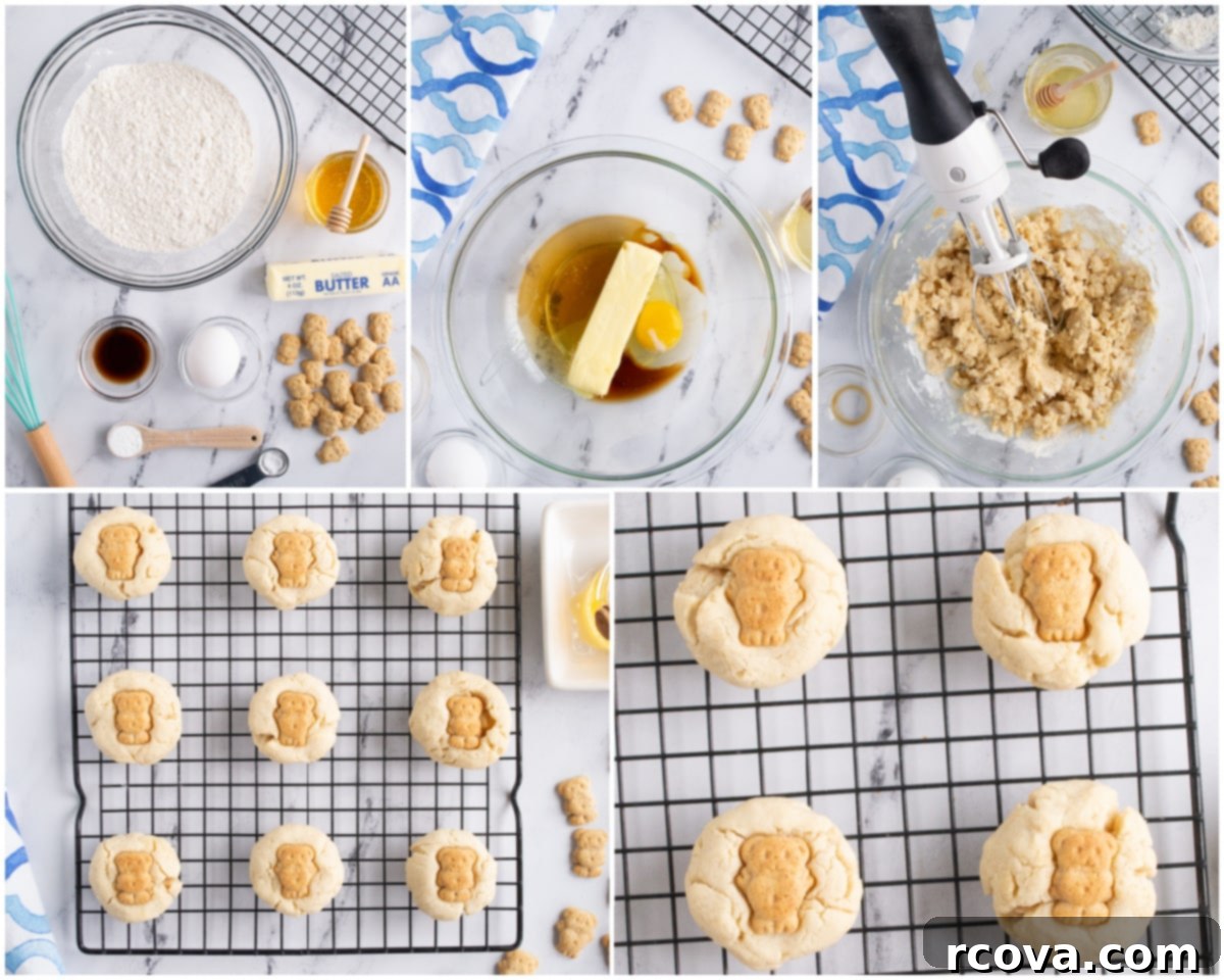 Golden Honey Butter Bears 5 A step-by-step collage showing how to prepare Honey Butter Bear Cookies, from mixing ingredients to placing teddy grahams on dough balls.