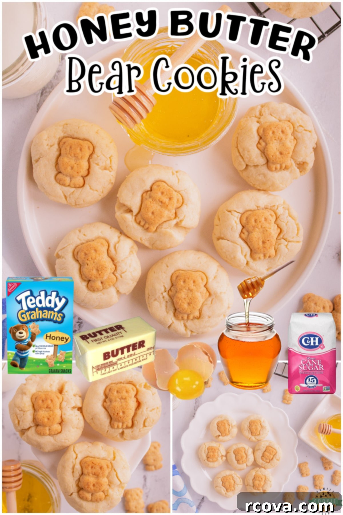 Golden Honey Butter Bears 6 A collage featuring Honey Butter Bear Cookies, highlighting their cute appearance and delicious texture.
