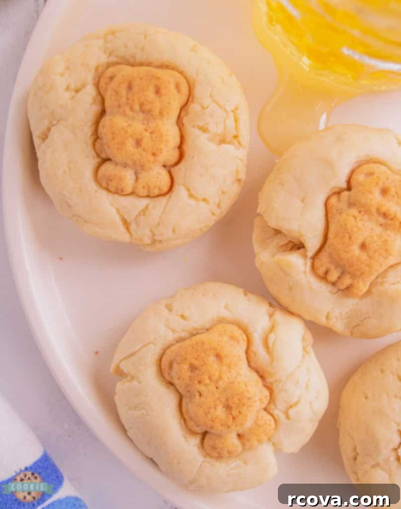 Golden Honey Butter Bears 7 Baked Honey Butter Cookies with teddy grahams, showcasing their golden color and cute design.