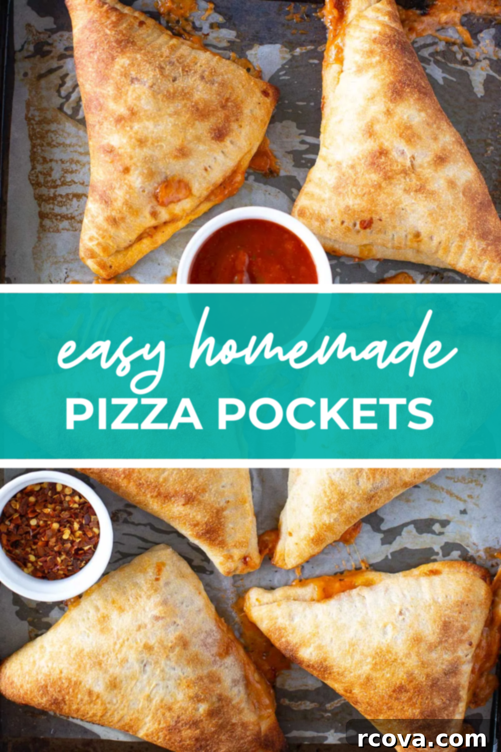 Whip Up Delicious Homemade Pizza Pockets 10 Overhead shot of plated easy homemade pizza pockets with a green banner across the middle reading "Easy Homemade Pizza Pockets"