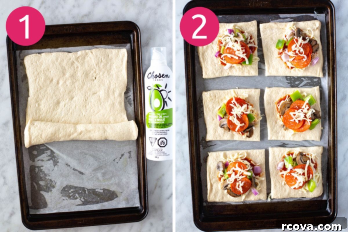 Whip Up Delicious Homemade Pizza Pockets 5 Visual steps 1 and 2 for making homemade pizza pockets: showing rolled-out pizza crust cut into rectangles, and toppings being added to one corner