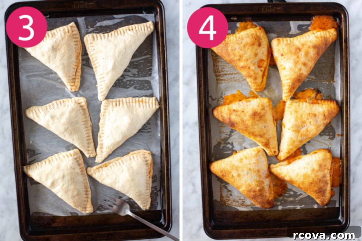 Whip Up Delicious Homemade Pizza Pockets 6 Visual steps 3 and 4 for making homemade pizza pockets: showing folded dough sealed with a fork, and baked golden-brown pizza pockets ready to serve