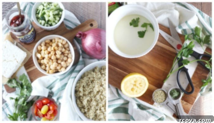 Vibrant Mediterranean Quinoa Salad 4 Large bowl of chopped Mediterranean Quinoa Salad with a serving spoon.