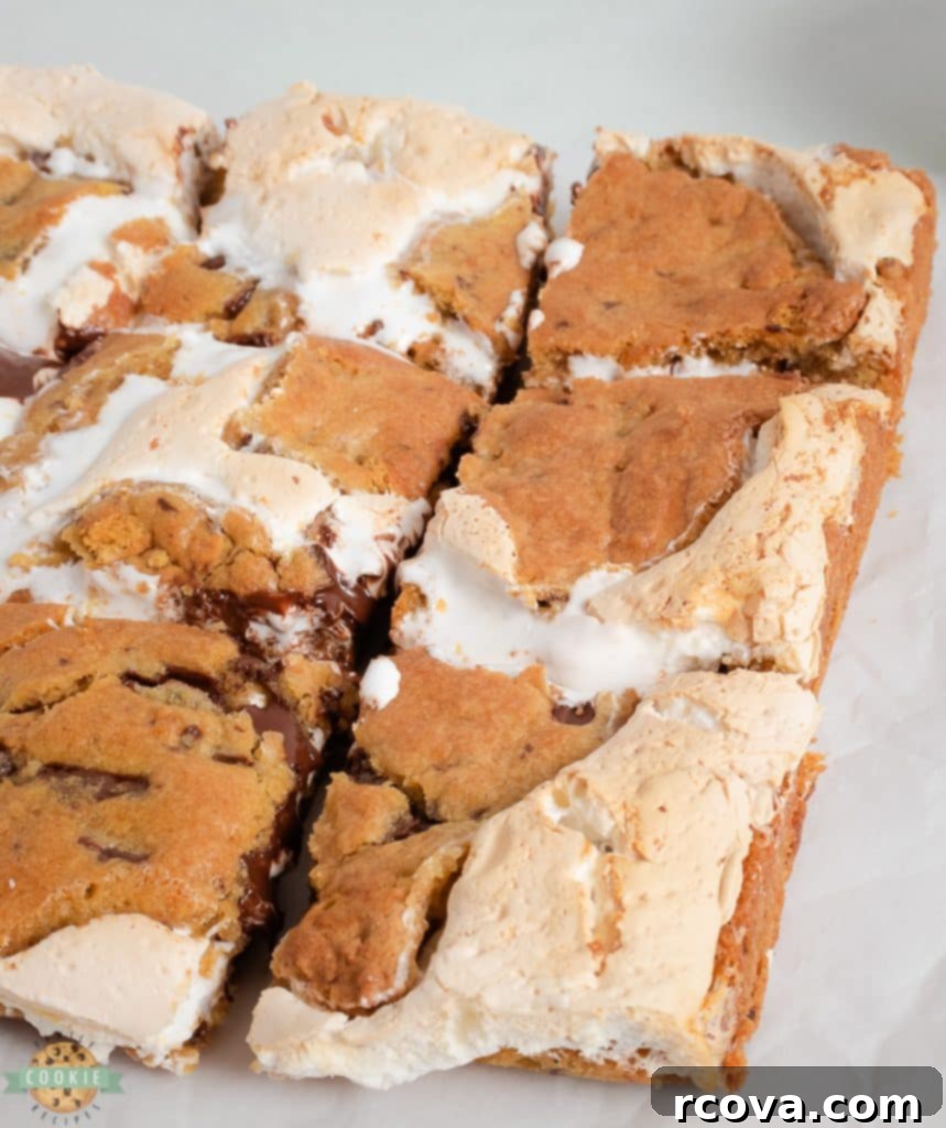 Ultimate S'mores Cookie Bars 4 chocolate chip cookie bars with marshmallow