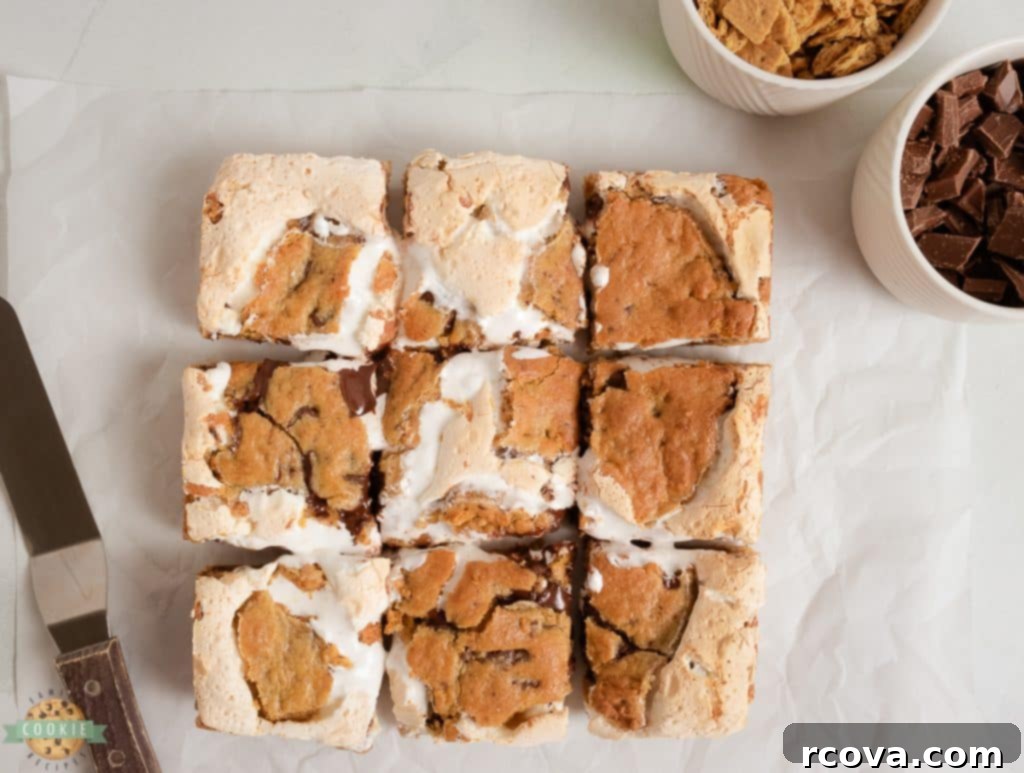 Ultimate S'mores Cookie Bars 6 chocolate chip smores bars cut into 9 squares