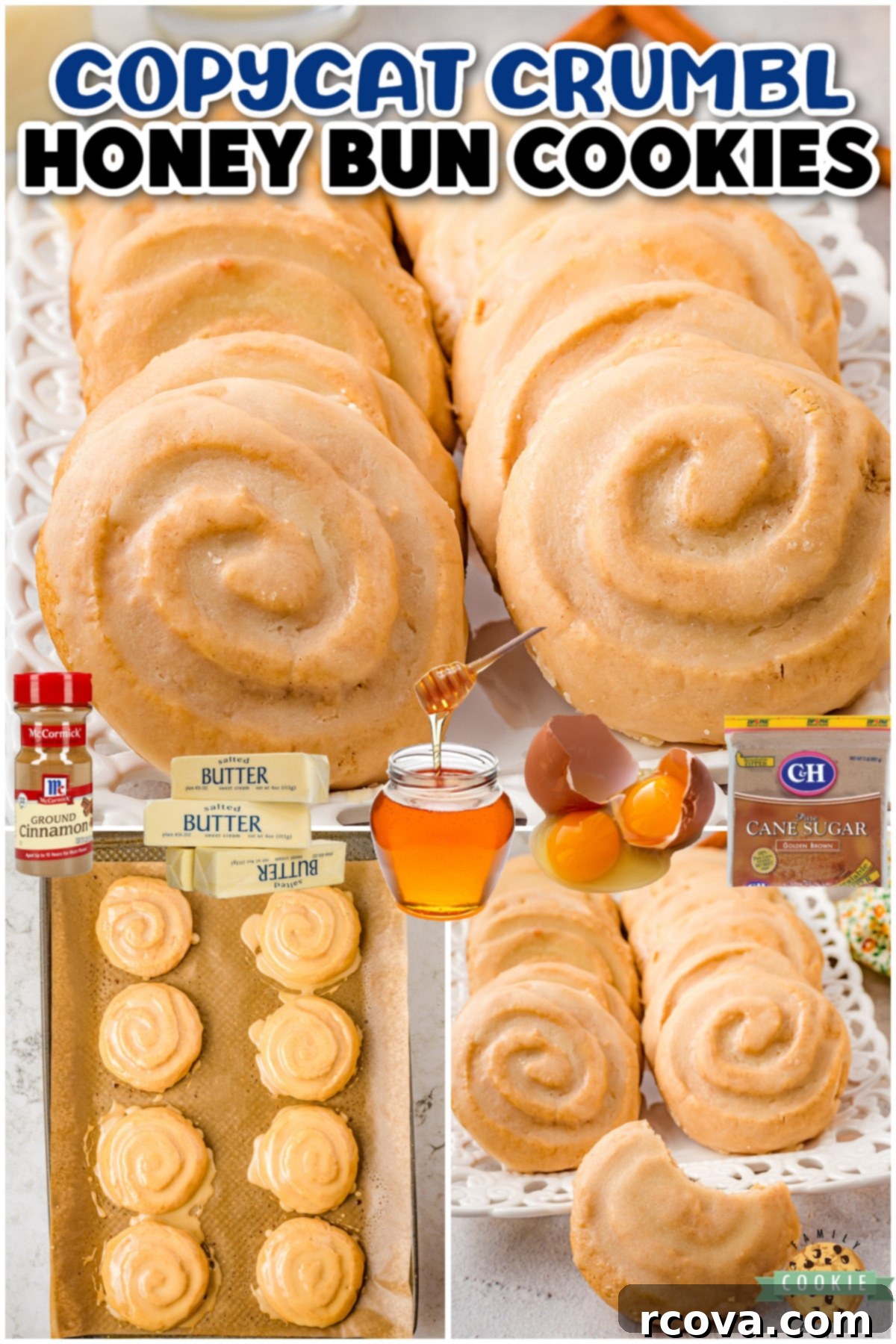 Honey Cinnamon Swirl Cookies 8 Honey Bun Cookies look just like a honey bun and are topped with a delicious honey butter glaze. Honey bun Crumbl cookie recipe has an incredible warm buttery cinnamon flavor everyone loves!
