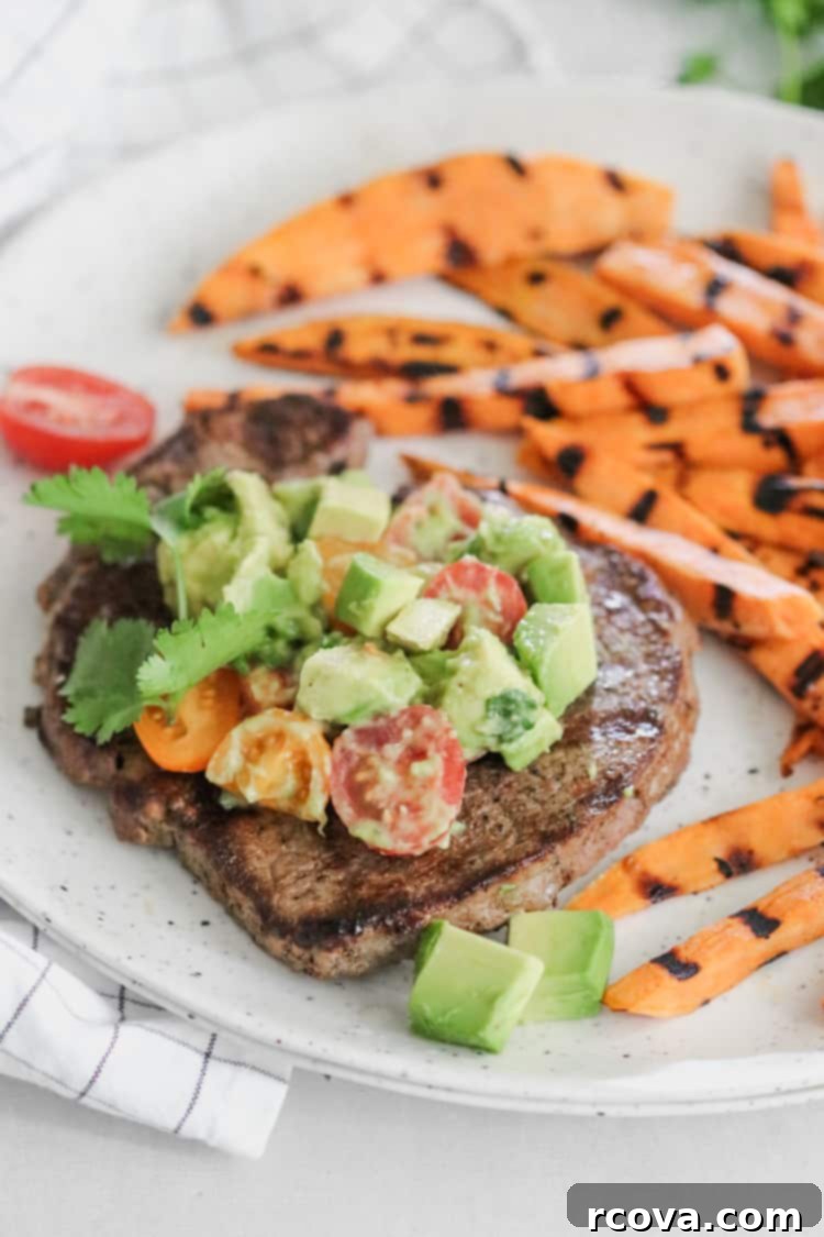 Spiced Sirloin with Cool Avocado Salsa 3 cumin rubbed sirloin steak with avocado salsa