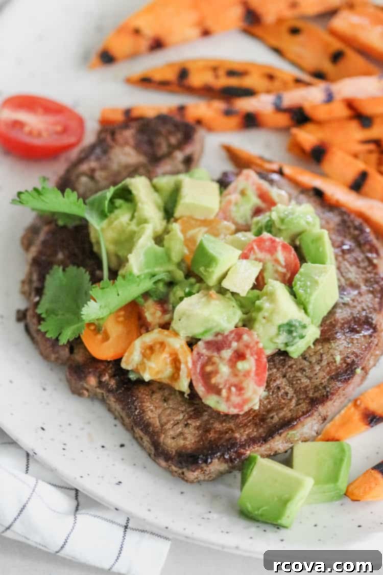 Spiced Sirloin with Cool Avocado Salsa 5 cumin rubbed sirloin steak with avocado salsa