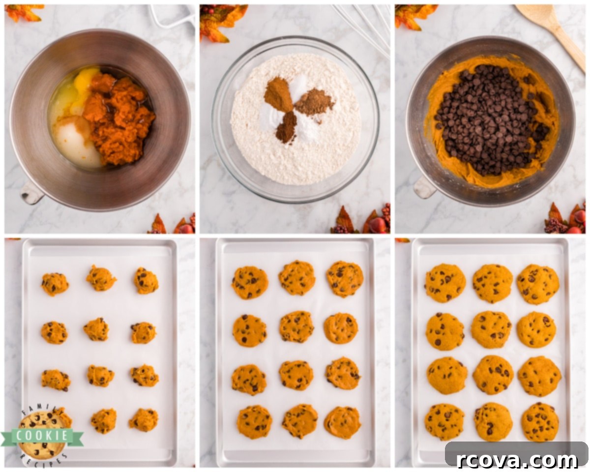 Pumpkin Spice Chocolate Chip Cookie Bliss 6 A scene showing the process of making pumpkin chocolate chip cookies, with ingredients and tools on a counter.