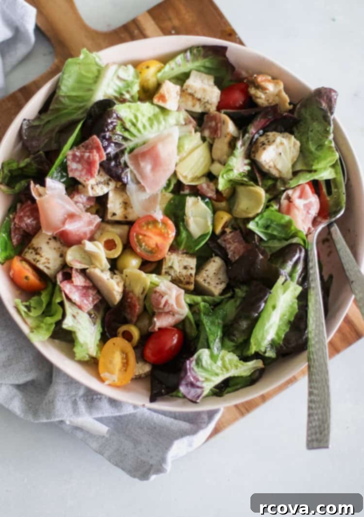 Wholesome Chopped Chicken Antipasto Salad 4 Large bowl of chopped chicken antipasto salad before dressing