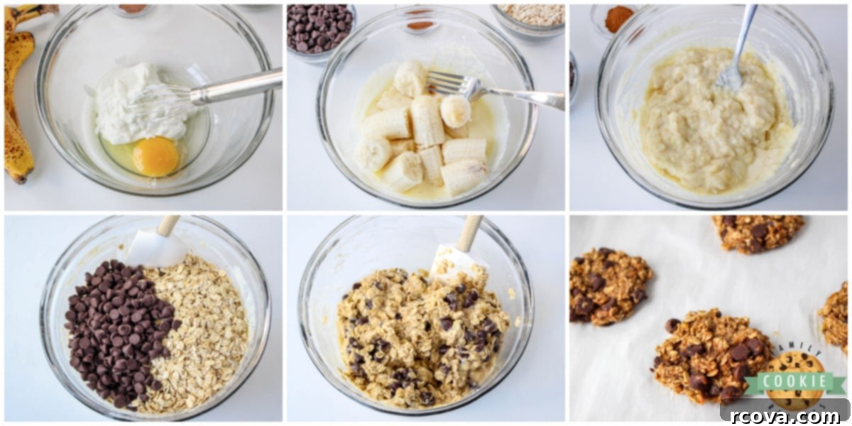Sunrise Banana Oat Cookies 4 Step-by-step instructions with an image showing the mashed banana and oats mixture for Oatmeal Banana Breakfast Cookies in a bowl.