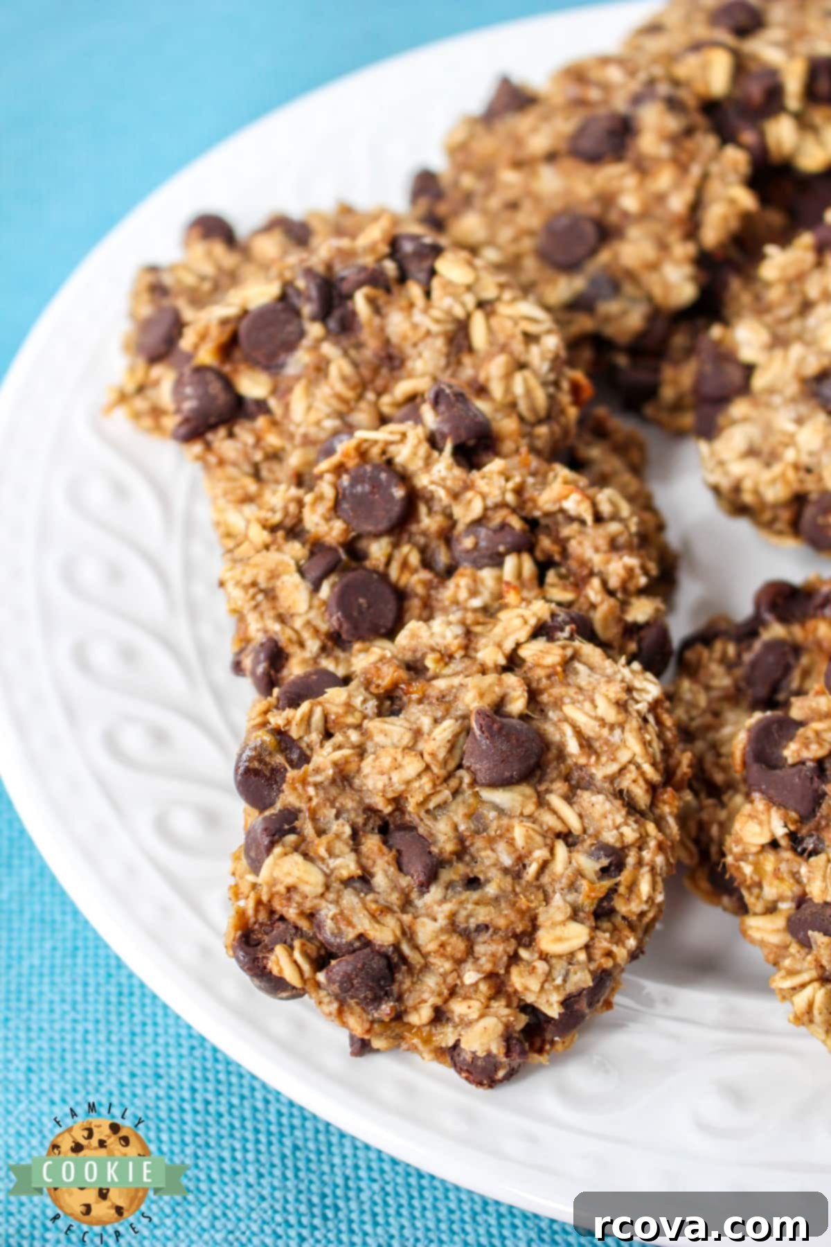 Sunrise Banana Oat Cookies 9 A stack of healthy oatmeal cookies made with bananas, showcasing their appeal for a wholesome snack or breakfast.
