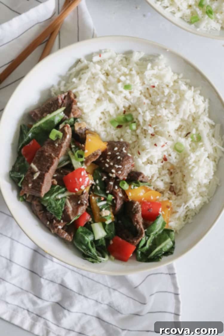 No-Stir Slow Cooker Beef Stir Fry 5 Whole30 Beef Stir Fry served with cauliflower rice