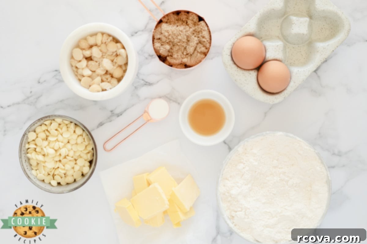 Irresistible White Chocolate Macadamia Blondies 4 A collection of fresh ingredients laid out, ready to be used for White Chocolate Macadamia Cookie Bars.