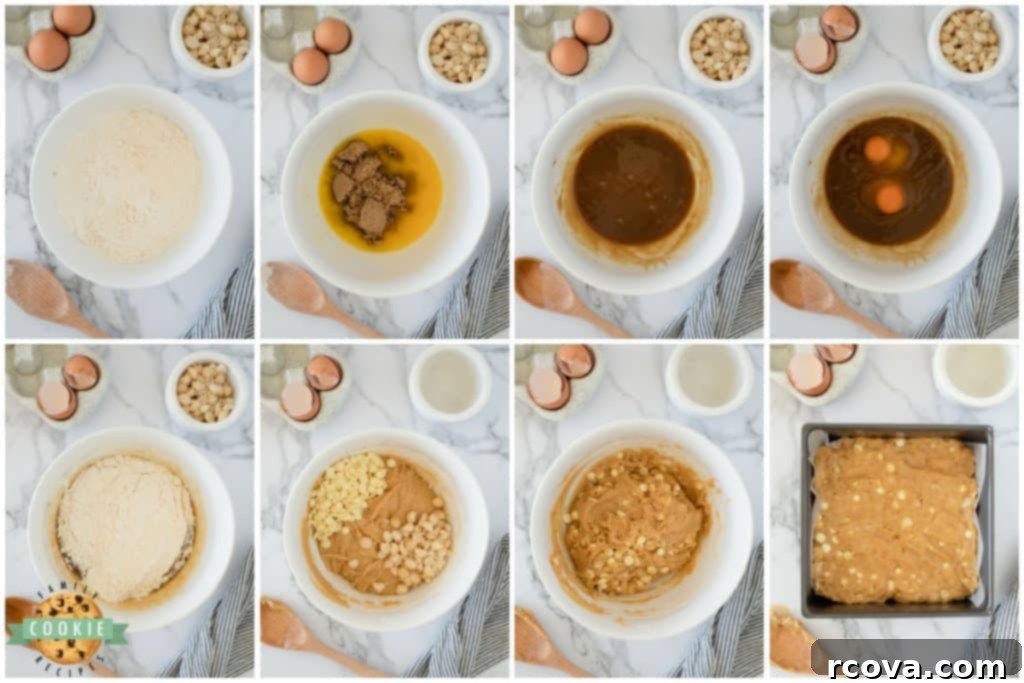 Irresistible White Chocolate Macadamia Blondies 5 Step-by-step visual instructions showing how to prepare White Chocolate Macadamia Cookie Bars dough in a mixing bowl.