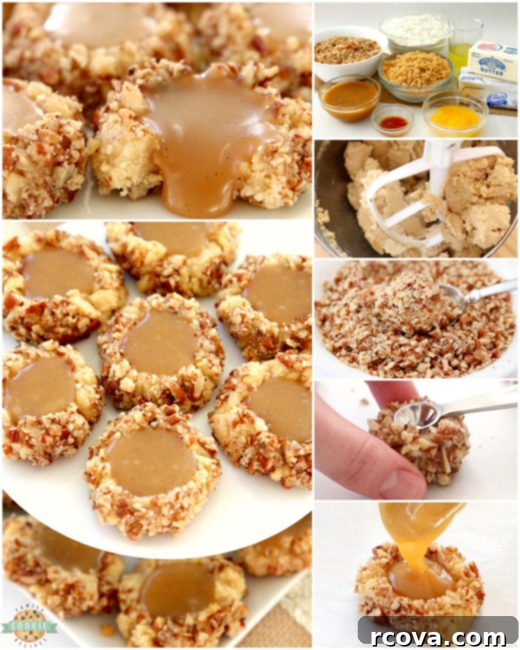 Gooey Caramel Thumbprint Delights 4 Caramel Thumbprint Cookies are a classic shortbread cookie rolled in pecans, baked & filled with warm caramel. Buttery Christmas cookies that everyone loves seeing at holiday cookie exchanges!