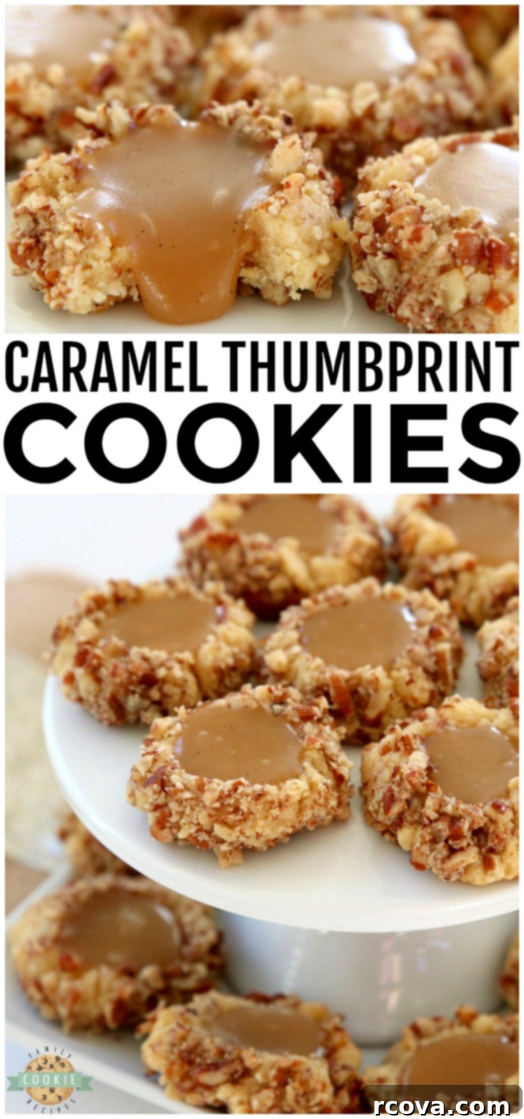 Gooey Caramel Thumbprint Delights 8 Caramel Thumbprint Cookies are a classic shortbread cookie rolled in pecans, baked & filled with warm caramel. Buttery Christmas cookies that everyone loves seeing at holiday cookie exchanges! #caramel #thumbprintcookies #cookies #baking #dessert #Christmas #cookie #recipe from FAMILY COOKIE RECIPES