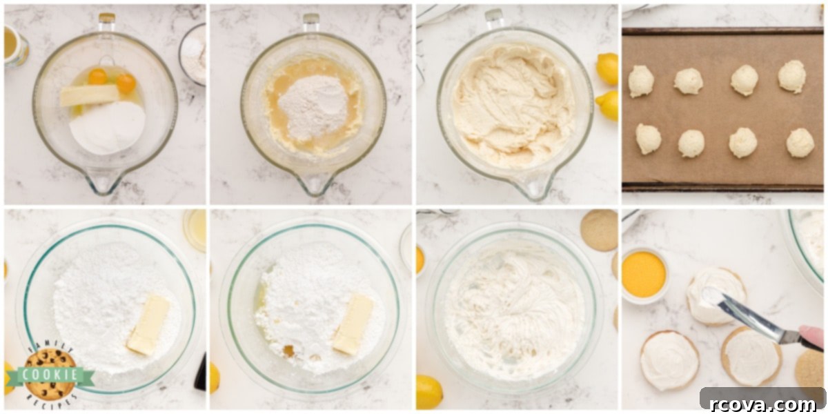 Glazed Lemonade Cookies 5 A step-by-step visual guide demonstrating how to mix ingredients for Frosted Lemonade Cookies, from creaming butter and sugar to combining all components.