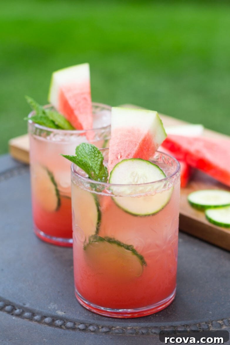 Refreshing Cucumber and Watermelon Mojitos 2 Watermelon & Cucumber Mojitos, perfect for a summer gathering