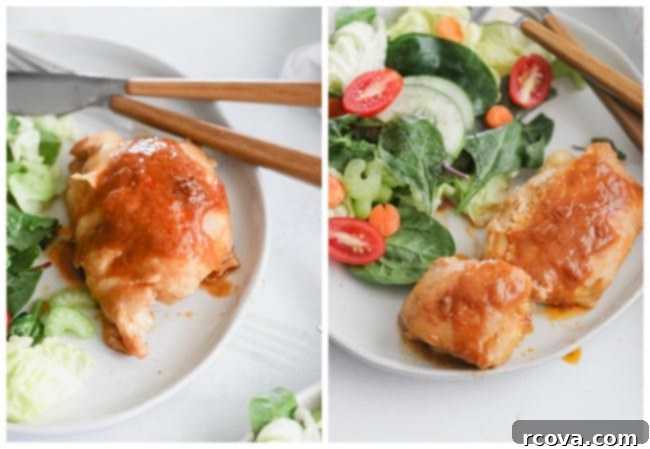 One-Pan Paleo Spicy Honey Mustard Chicken Thighs 4 Plated Spicy Honey Mustard Chicken Thighs served with a fresh green salad, highlighting the golden sauce