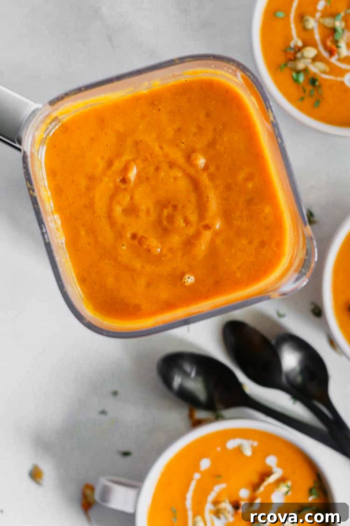 Velvety Dairy-Free Butternut Squash Soup with Carrots and Warming Spices 4 Two bowls of creamy butternut squash and sage soup, one garnished with seeds and herbs