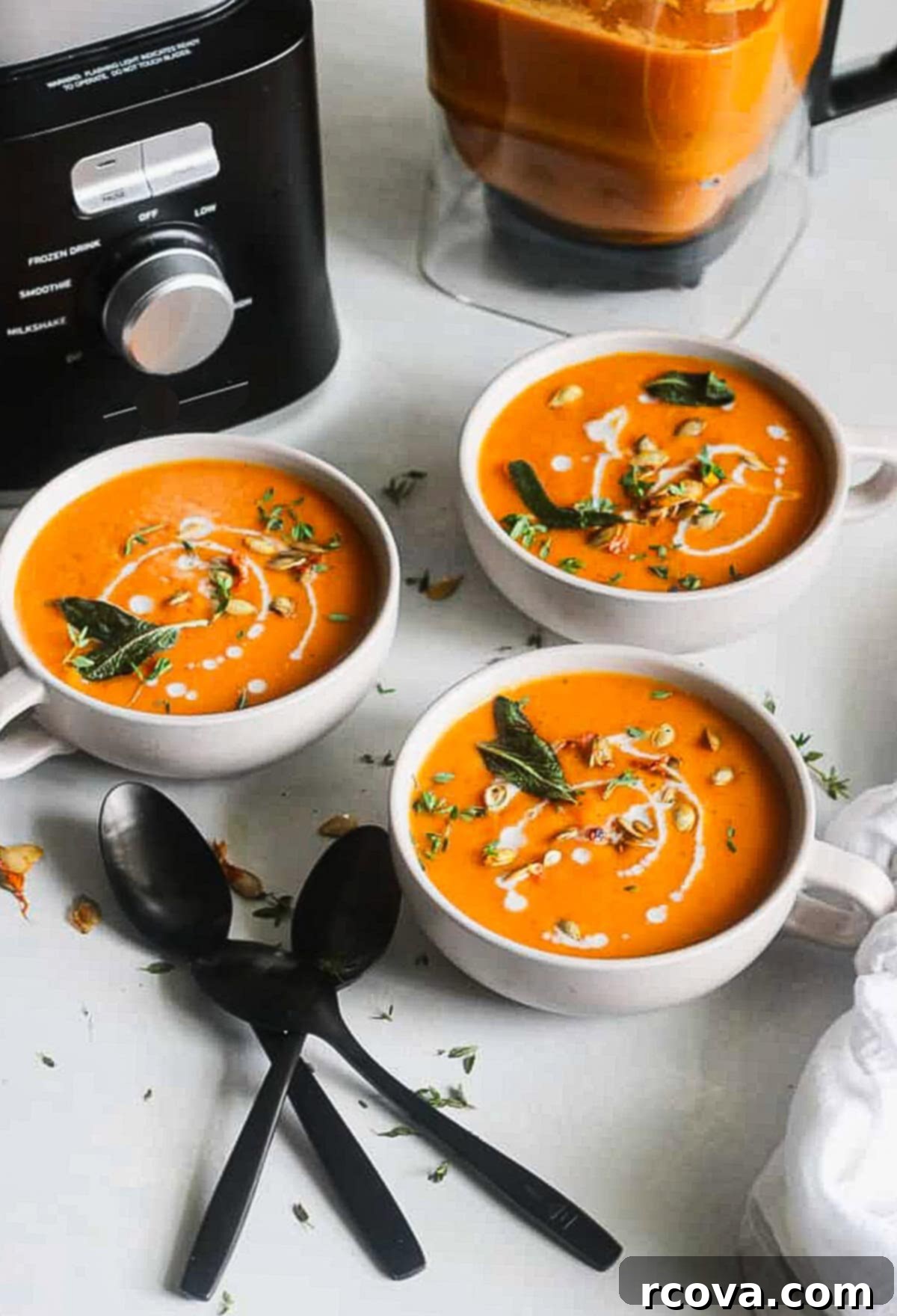 Velvety Dairy-Free Butternut Squash Soup with Carrots and Warming Spices 5 Side view of a bowl of butternut squash and sage soup with a spoon