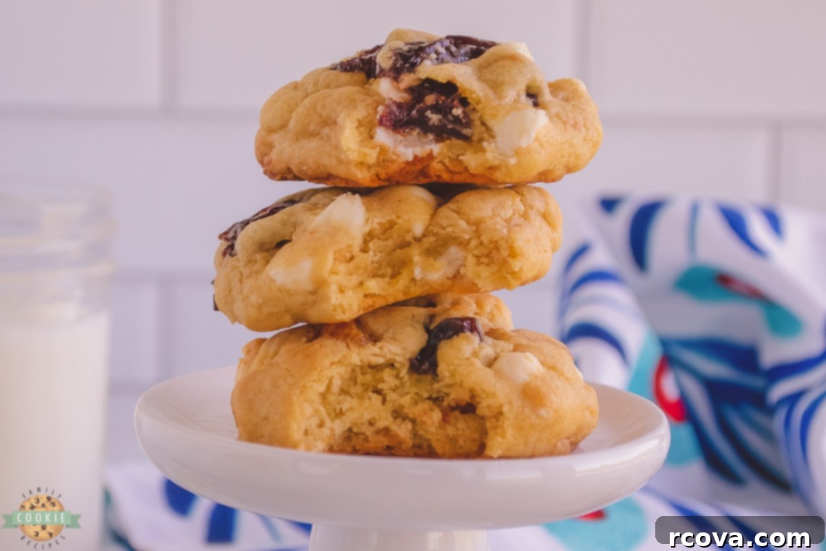 Velvet White Chocolate Cherry Cookies 2 chewy cherry cookies in a stack