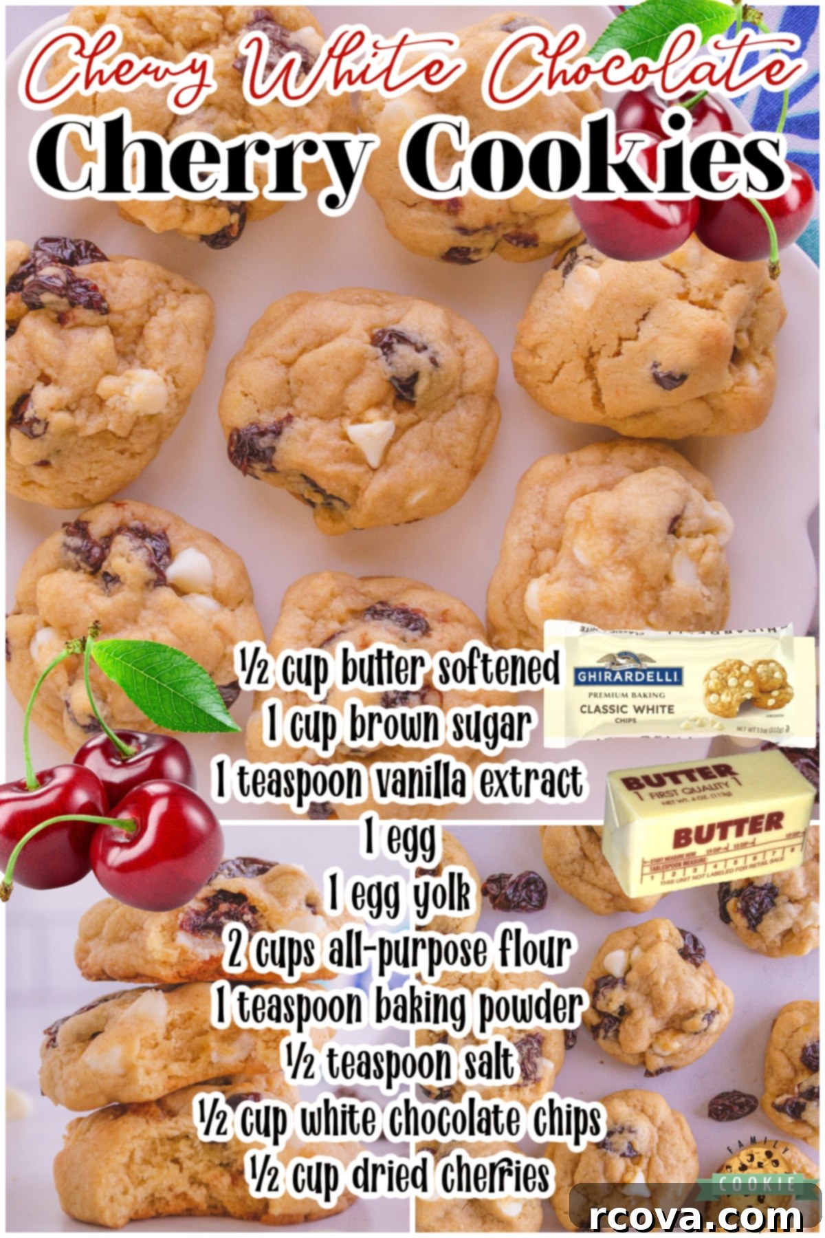 Velvet White Chocolate Cherry Cookies 7 White Chocolate Cherry Cookies are sweet & chewy homemade cookies bursting with bright cherry flavor! Cherry cookies made with white chocolate chips perfect for any time!