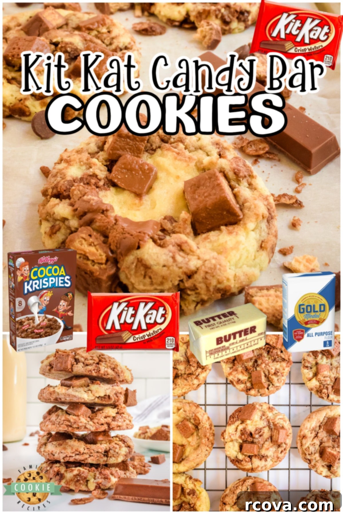 Decadent Kit Kat Cookies 11 Kit Kat Cookies for anyone who LOVES the chocolatey crisp of Kit Kats! These candy bar cookies are loaded with Kit Kats, chocolate Krispies & chocolate swirl!