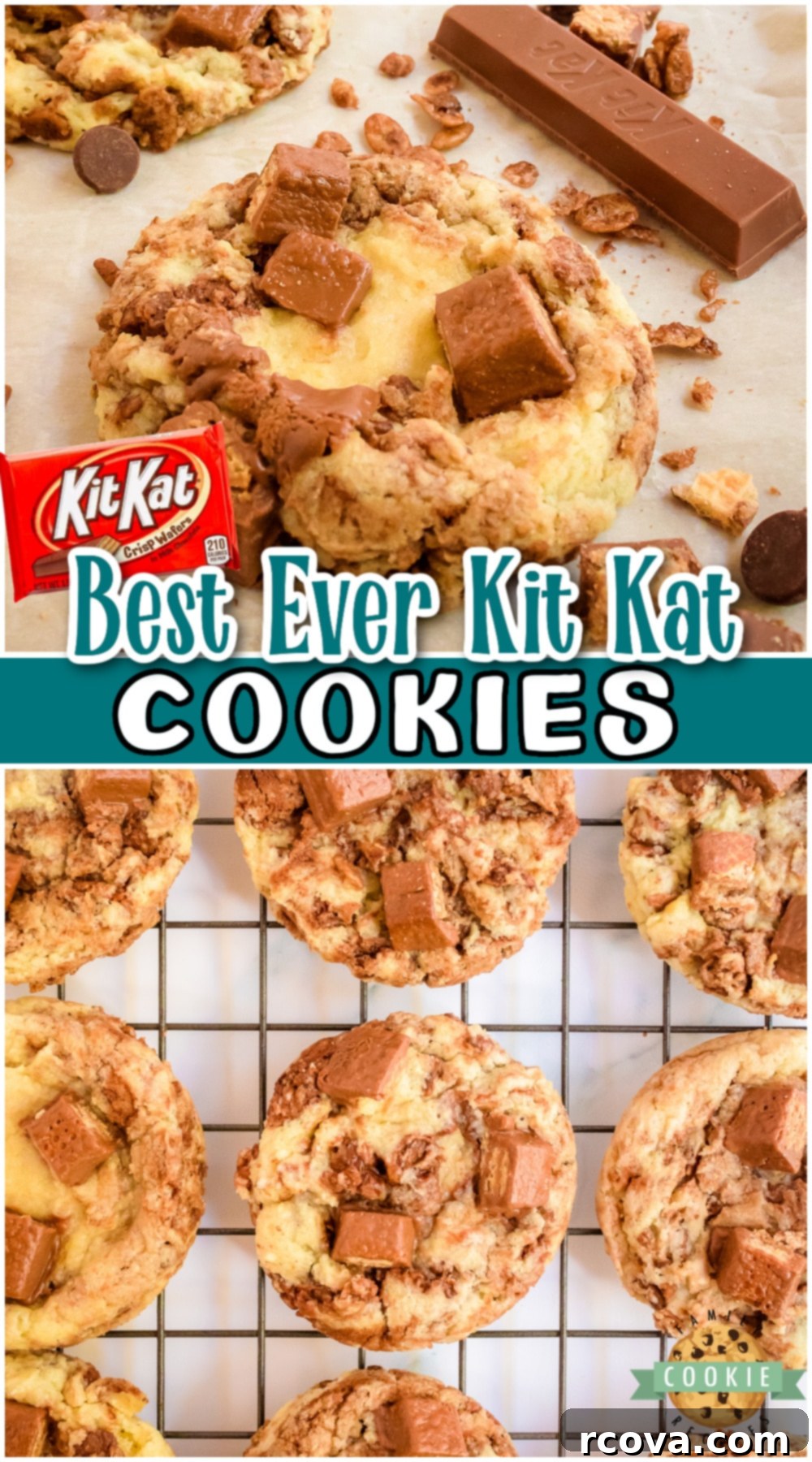 Decadent Kit Kat Cookies 15 Kit Kat Cookies for anyone who LOVES the chocolatey crisp of Kit Kats! These candy bar cookies are loaded with Kit Kats, chocolate Krispies & chocolate swirl!
