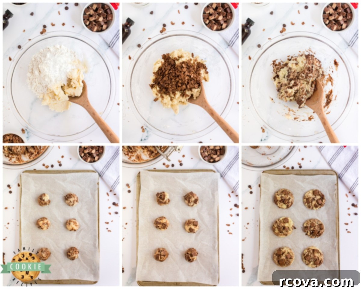 Decadent Kit Kat Cookies 6 Step-by-step image of how to make Kit Kat cookies, showing dough and ingredients