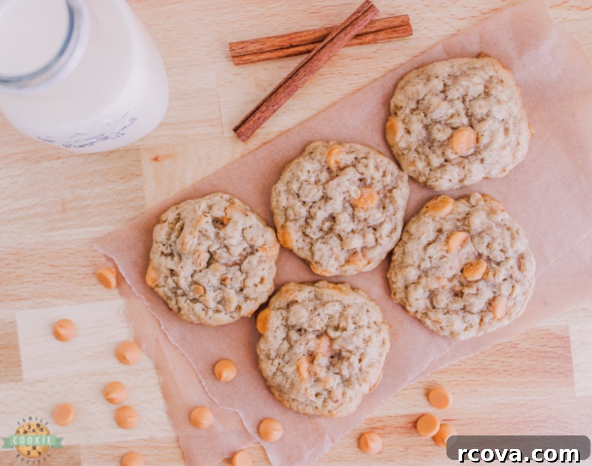 Golden Butterscotch Oatmeal Cookies 2 Close-up of golden brown oatmeal butterscotch cookies studded with butterscotch chips and rolled oats