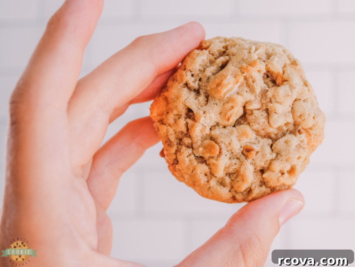 Golden Butterscotch Oatmeal Cookies 11 Hand holding a freshly baked oatmeal butterscotch cookie with visible chips and oats