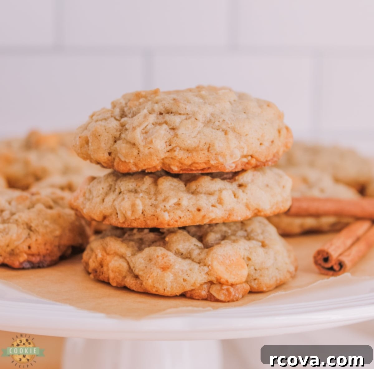 Golden Butterscotch Oatmeal Cookies 3 Stack of freshly baked oatmeal butterscotch cookies on a cooling rack